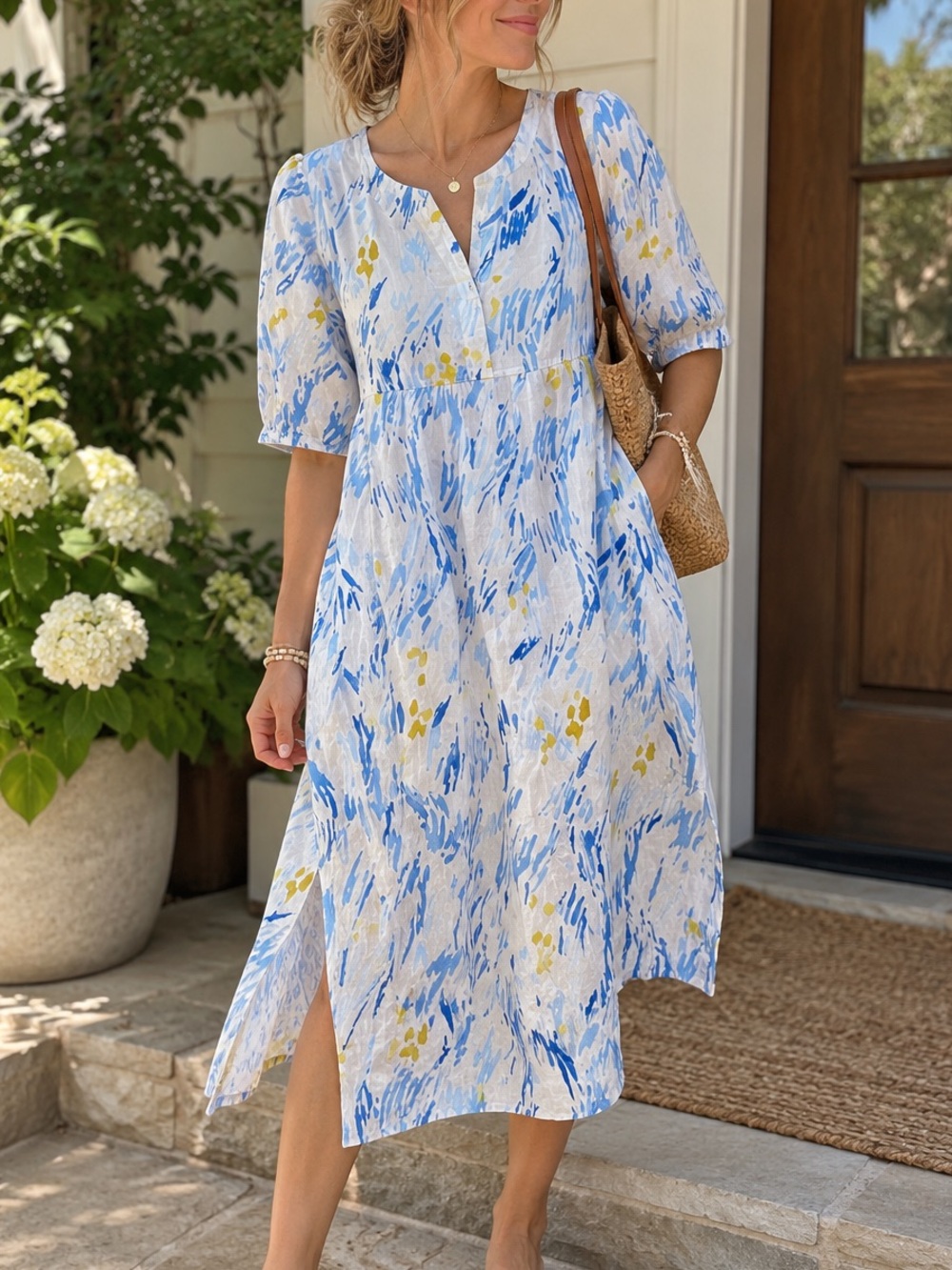 Poetry Womens Blue Floral Cotton Linen Midi Tunic Dress Size 10